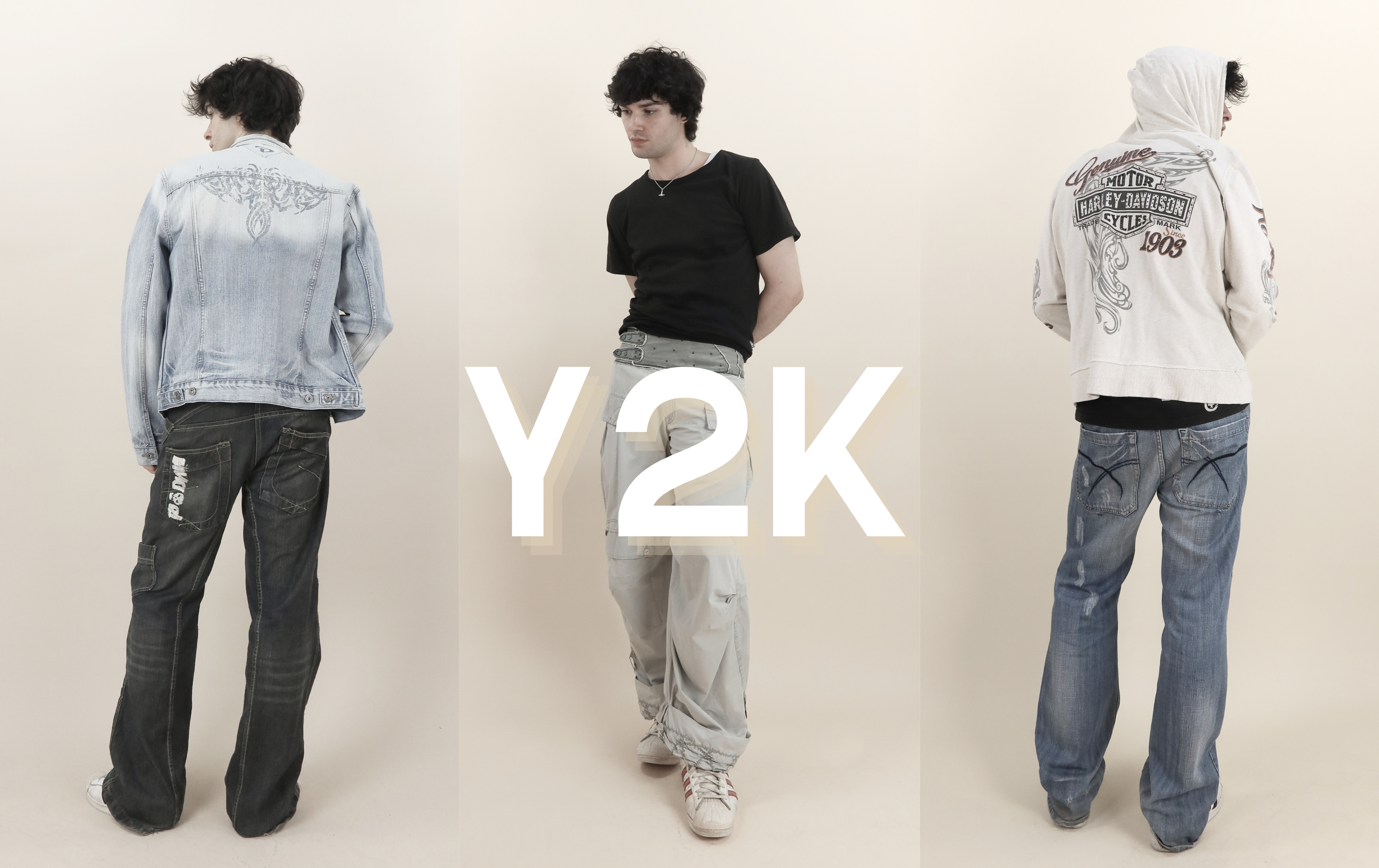 Men wearing baggy jeans and Y2K accessories showcasing 2000s fashion revival trends in modern street style