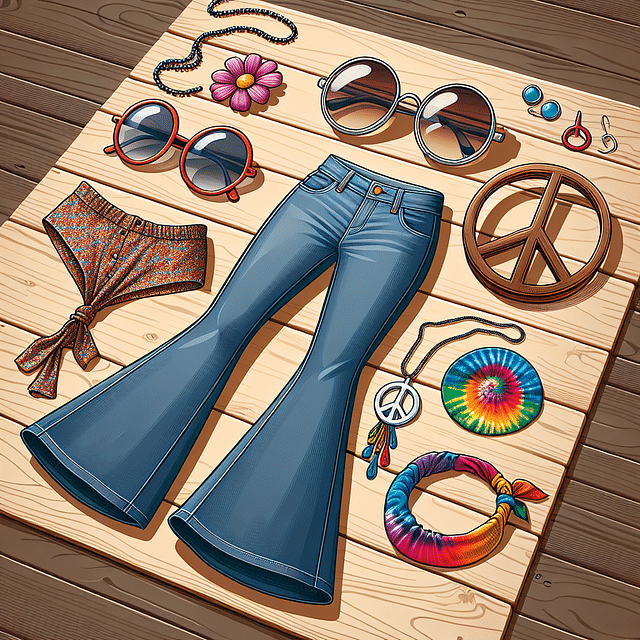 1970s inspired accessories on a wooden table