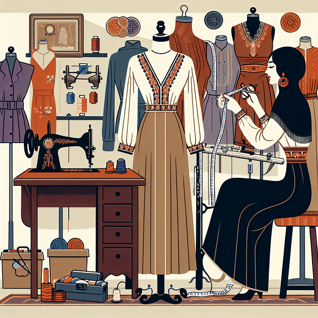 tailor adjusting vintage 70s clothing on mannequin