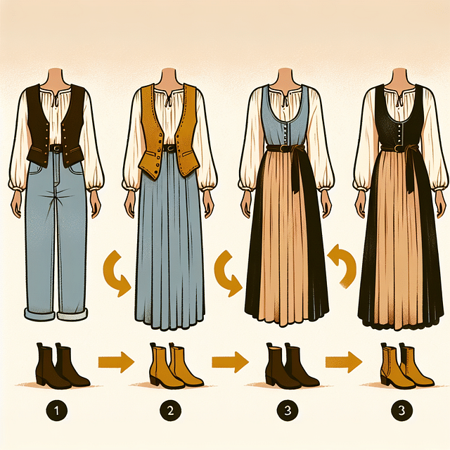 vintage vest paired with a modern maxi dress and ankle boots