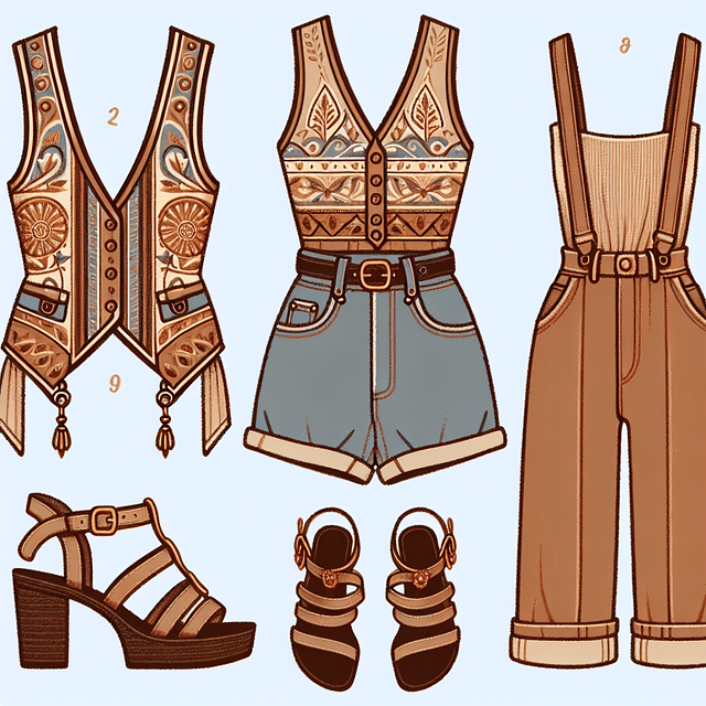 vintage vest with high-rise shorts and strappy sandals