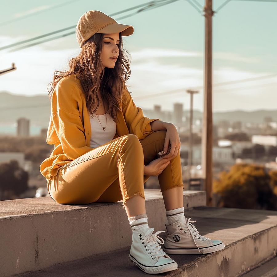Woman wearing high top sneakers with casual outfit