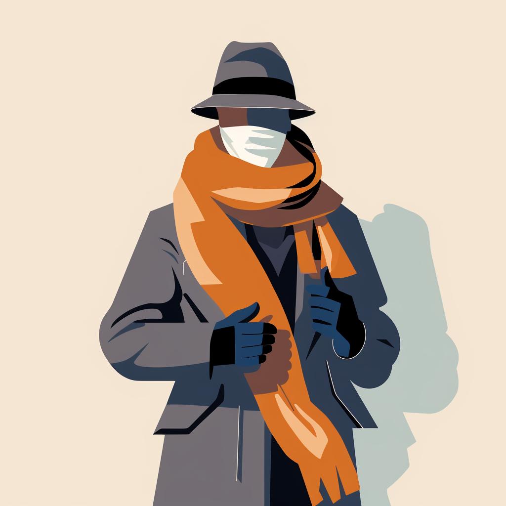 Man accessorizing his outfit with a scarf, gloves, and hat