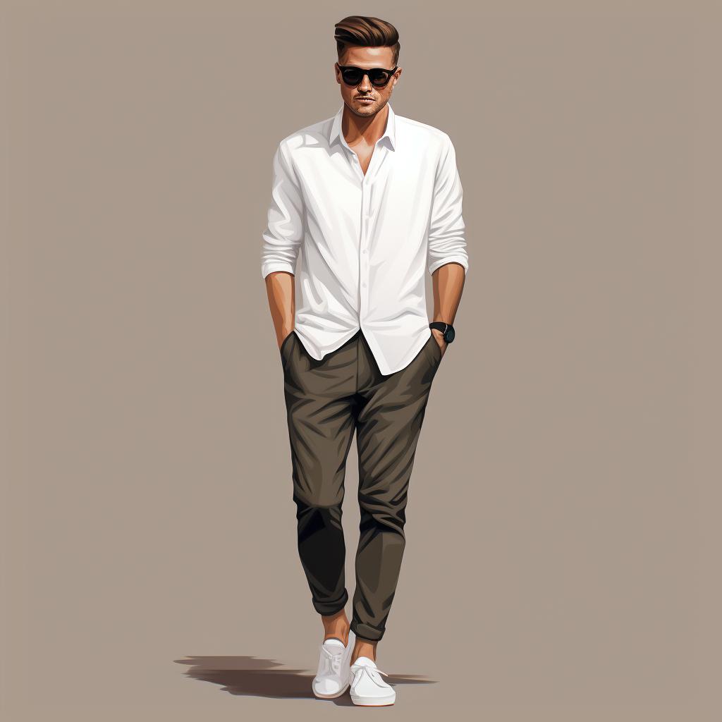 Tailored joggers matched with a crisp button-up shirt and stylish loafers.
