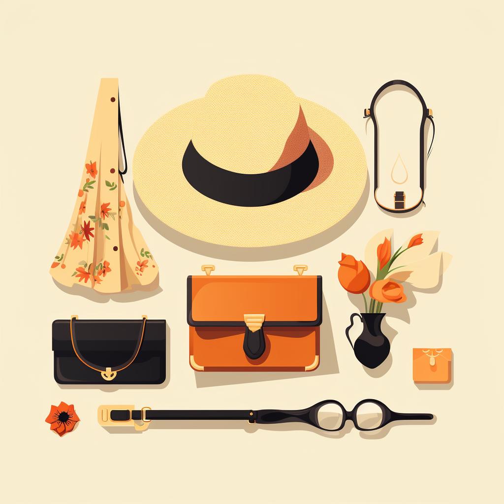 Vintage accessories like brooch, hat and handbag